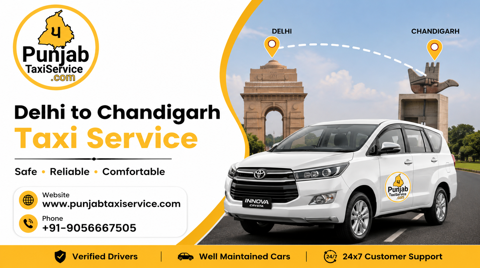 Chandigarh to Delhi Taxi Service – Comfortable, Affordable & Reliable Travel with Punjab Taxi Service